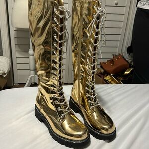 Gold, knee-high combat boots! Never worn!